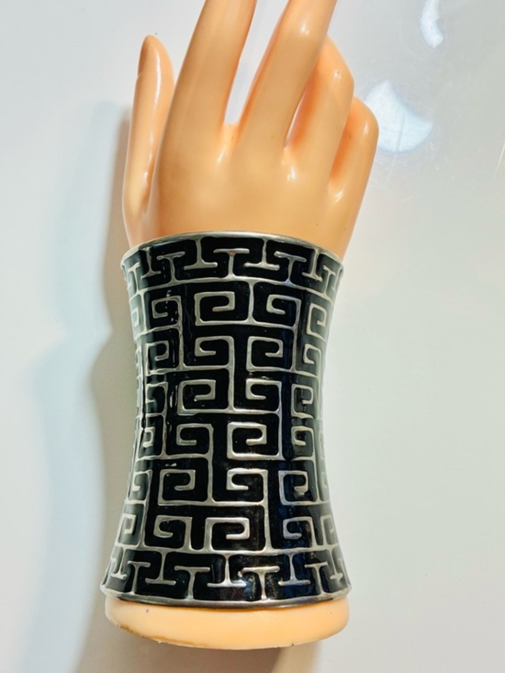 4” BLK Silver Greek Key Cuff Bracelet Elevated Structured Trendy Casual Party